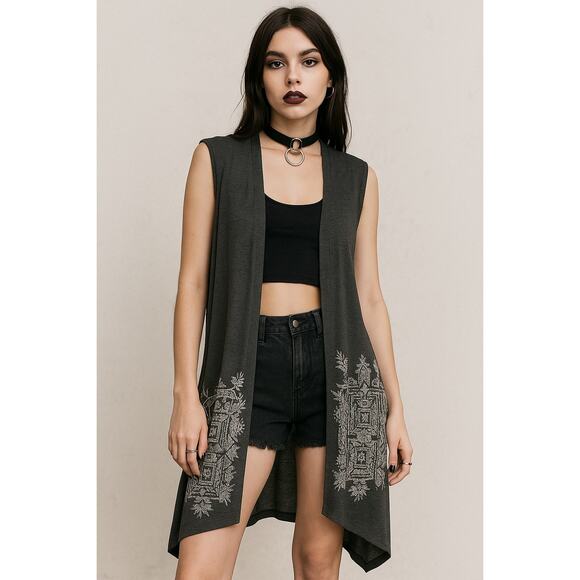 Y2K Dark Gray Rhinestone Boho Duster Vest Longline Grunge Open Front Layering L - Picture 1 of 7
